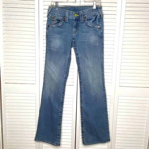 Vintage True Religion Becky Bootcut Medium Blue Stretch Jeans Leather Tab 28 - Picture 8 of 13